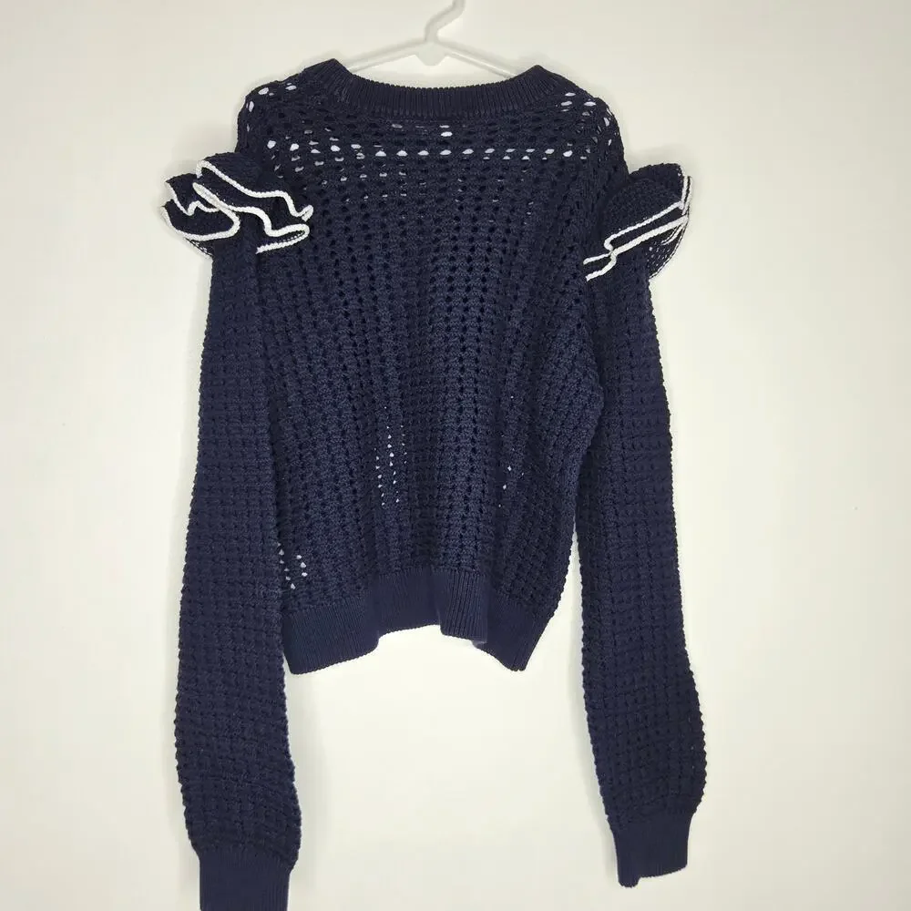 Gap Kids Girls Open Knit Sweater Ruffle Shoulders Navy Cotton XXL